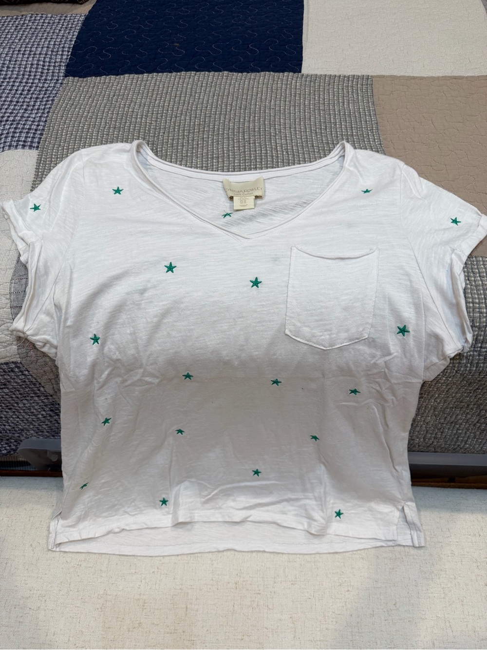 Cynthia Rowley White V-Neck Tee with Teal Star Print
